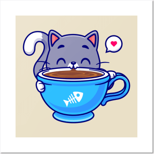 Cute Cat Drink Coffee Cartoon Posters and Art